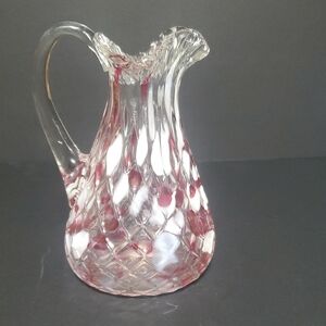 Vtg Chalet Cranberry And White Spatter Glass Pitcher